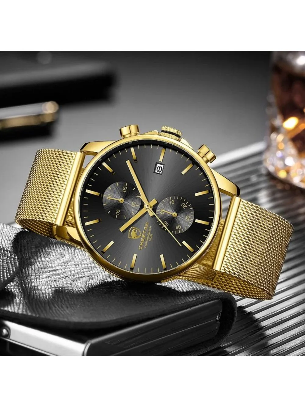 Men's Gold Black Mesh Stainless Steel Minimalist Quartz Analog Chronograph Watch